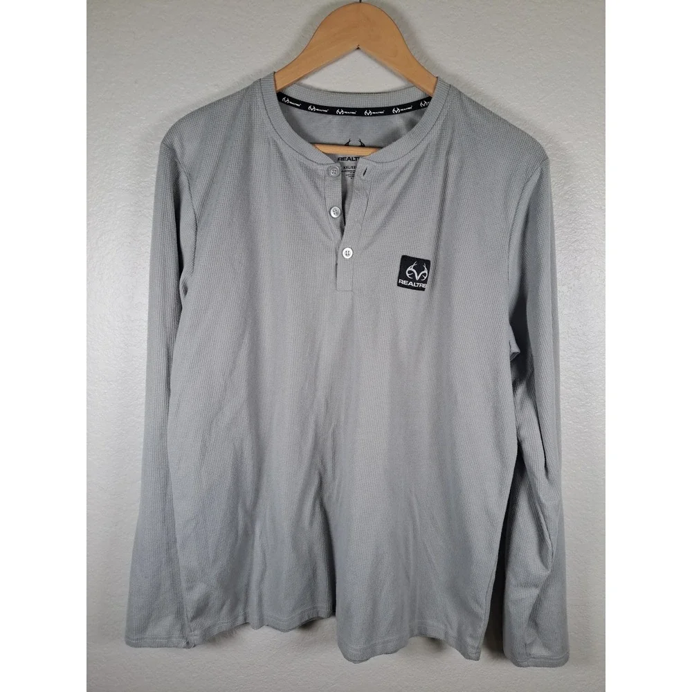 Realtree Mens XXL Gray Waffle Knit Long Sleeve Henley Performance Shirt Logo